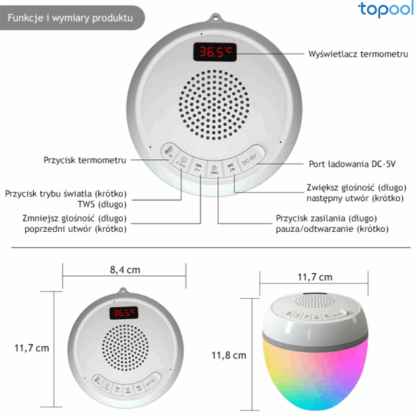 Głośnik basenowy Bluetooth + LED + termometr - Topool HK703 - obrazek 6